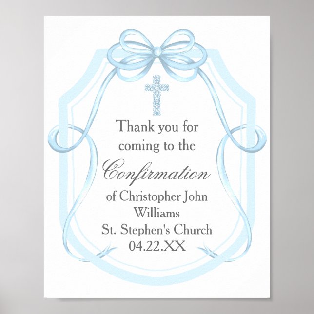 Elegant Blue Ribbon Bow Confirmation Party Poster (Front)