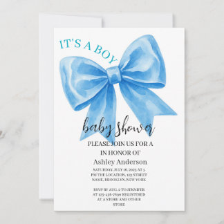 Elegant Blue Ribbon Bow It's a Boy Baby Shower Invitation