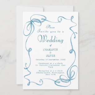 Elegant Blue Ribbon Watercolor Wedding Invitations