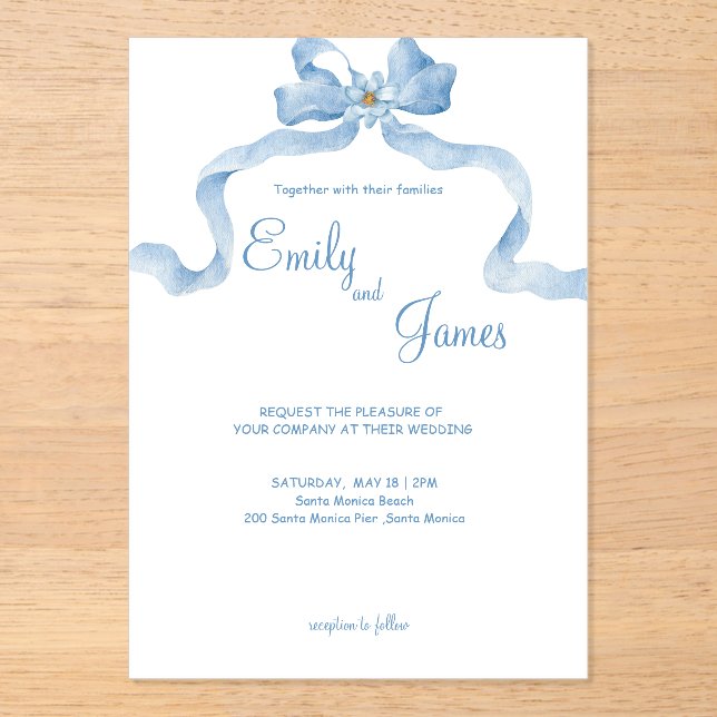 Elegant Blue Ribbon Wedding Invitation (Front)