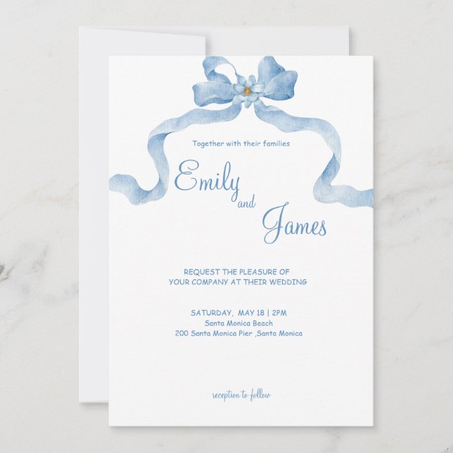 Elegant Blue Ribbon Wedding Invitation (Front)