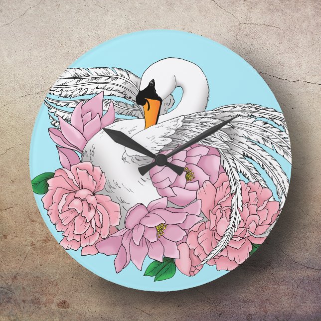 Elegant Blue Romantic Swan Peony Floral  Large Clock (Creator Uploaded)