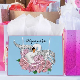 Elegant Blue Romantic Swan Peony Floral Large Gift Bag