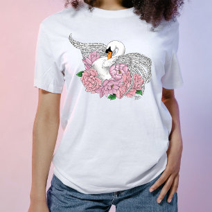 Elegant Blue Romantic Swan Peony Floral T-Shirt