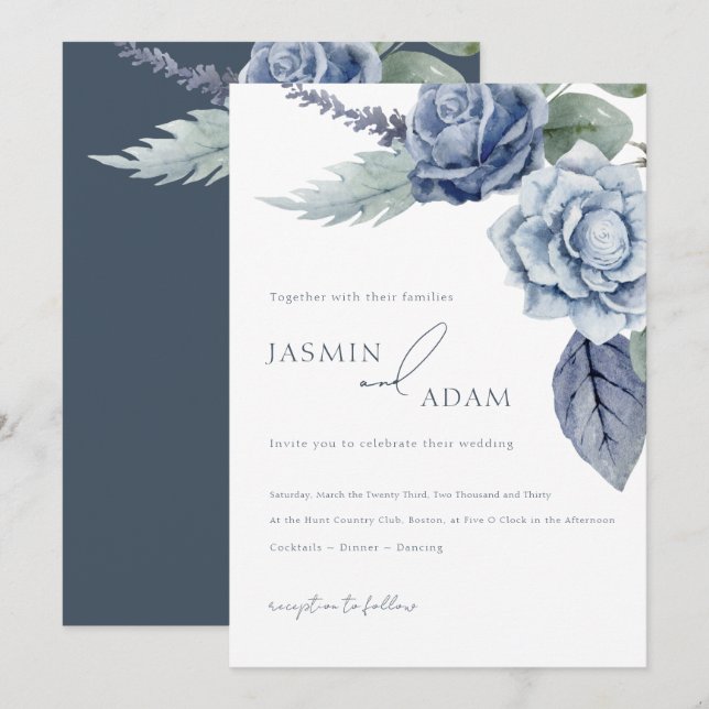 Elegant Blue Rose Botanical Wedding Invitation (Front/Back)