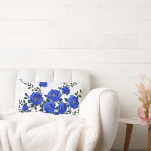 Elegant Blue Rose Branch Design Lumbar Cushion