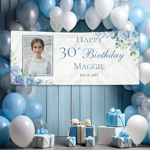 Elegant Blue Rose Floral Frame 30th Birthday Party Banner