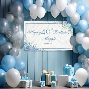 Elegant Blue Rose Floral Frame 40th Birthday Party Banner