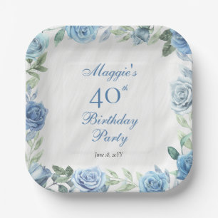 Elegant Blue Rose Floral Frame 40th Birthday Party Paper Plate