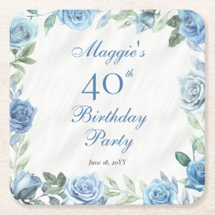 Elegant Blue Rose Floral Frame 40th Birthday Party Square Paper Coaster