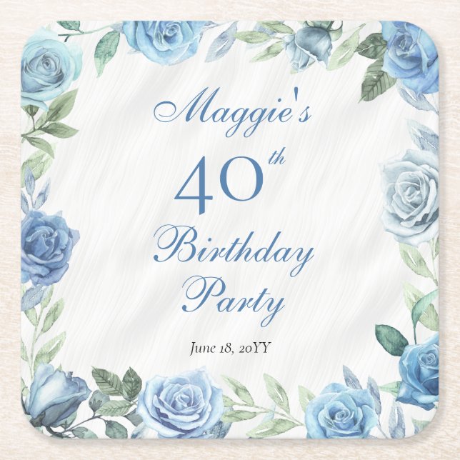 Elegant Blue Rose Floral Frame 40th Birthday Party Square Paper Coaster (Front)