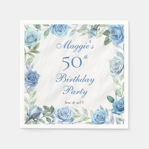 Elegant Blue Rose Floral Frame 50th Birthday Party Napkin