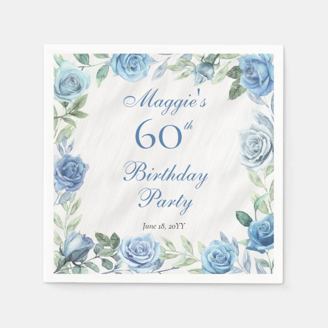 Elegant Blue Rose Floral Frame 60th Birthday Party Napkin (Front)