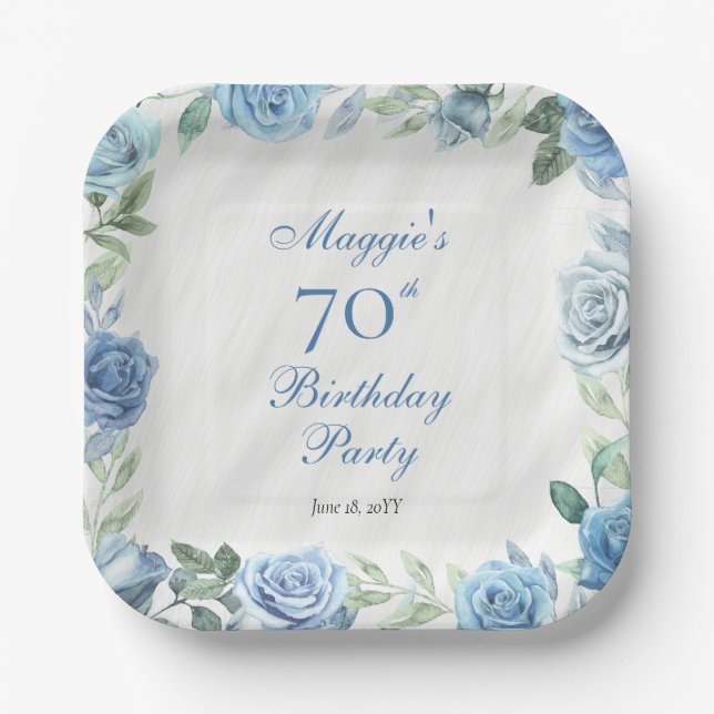 Elegant Blue Rose Floral Frame 70th Birthday Party Paper Plate (Front)