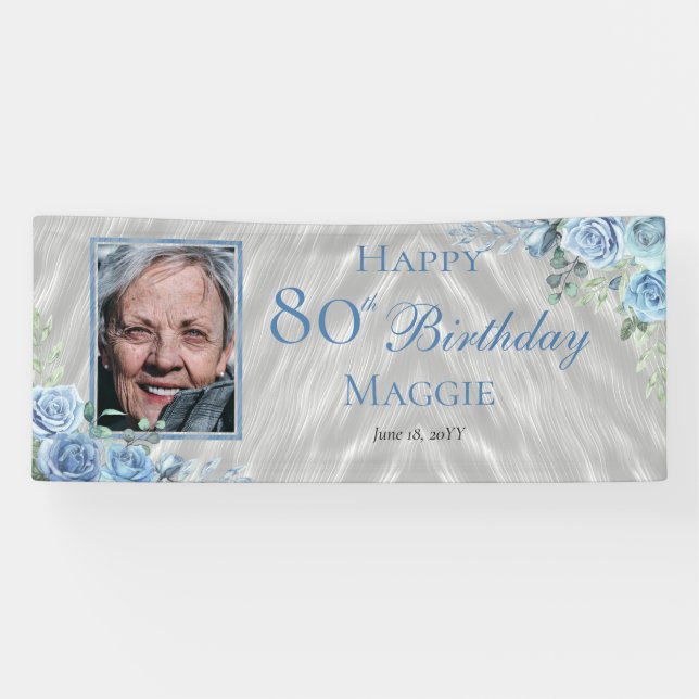 Elegant Blue Rose Floral Frame 80th Birthday Party Banner (Horizontal)