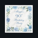 Elegant Blue Rose Floral Frame 90th Birthday Party Napkin<br><div class="desc">Elegant blue and white with dusky sage green greenery floral frame birthday party celebration design.</div>
