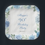 Elegant Blue Rose Floral Frame 90th Birthday Party Paper Plate<br><div class="desc">Elegant blue and white with dusky sage green greenery floral frame birthday party celebration design.</div>