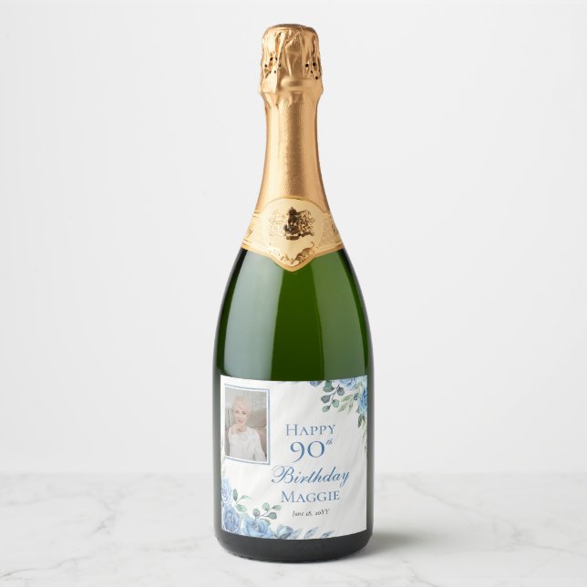 Elegant Blue Rose Floral Frame 90th Birthday Party Sparkling Wine Label (Front)