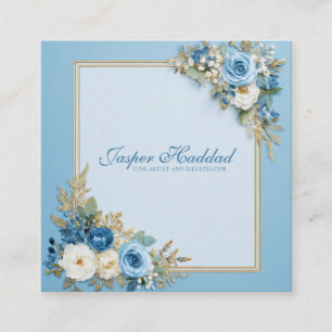 Elegant Blue Rose Floral Gold Frame Modern Powder Square Business Card