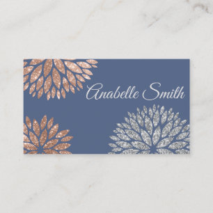 Elegant Blue Rose Gold Glitter Dahlia Floral Business Card