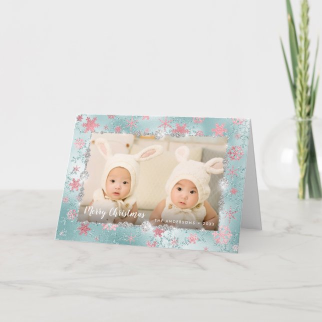 Elegant blue rose gold snowflakes custom photo card (Front)