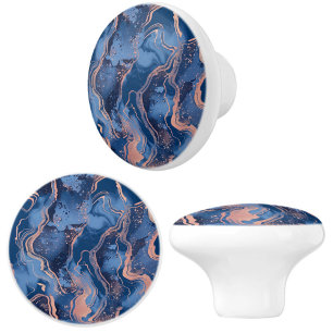 Elegant Blue + Rose Gold Swirling Marble Pattern Ceramic Knob