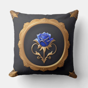 Elegant Blue Rose in Golden Frame with Ornate Deta Cushion