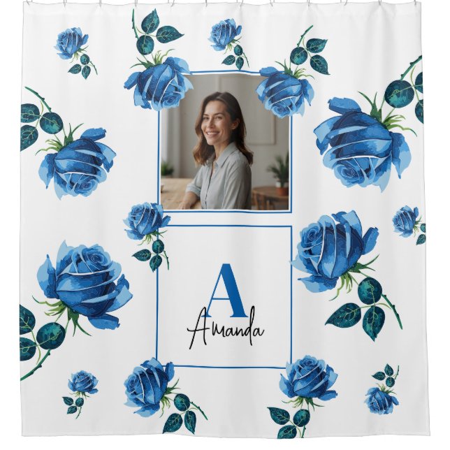 Elegant Blue Rose Monogram Custom Mum Shower Curtain (Front)