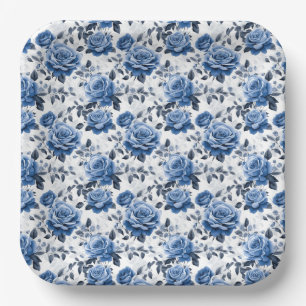 Elegant blue rose pattern paper plate