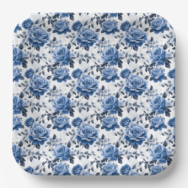 Elegant blue rose pattern paper plate (Front)