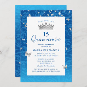 Elegant Blue Rose Silver Crown Floral Quinceanera Invitation