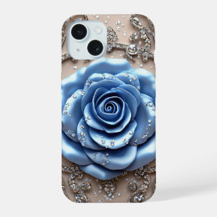 Elegant Blue Rose with Glittering Diamonds iPhone 15 Case