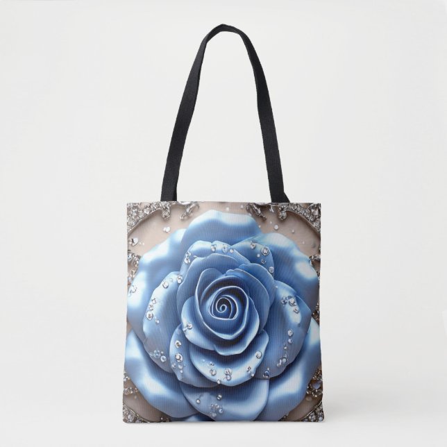 Elegant Blue Rose with Glittering Diamonds Tote Bag (Front)