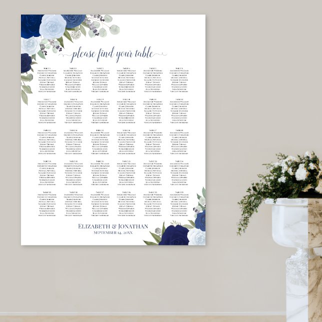 Elegant Blue Roses 30 Table Wedding Seating Chart (In Situ on Wall)