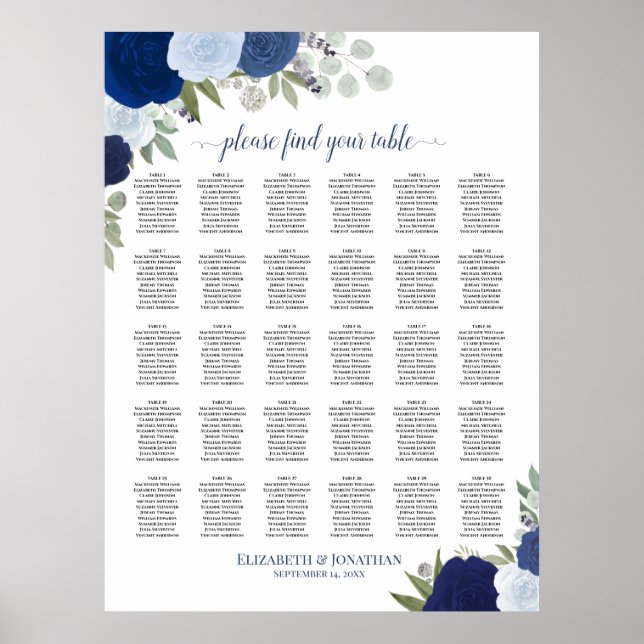 Elegant Blue Roses 30 Table Wedding Seating Chart (Front)