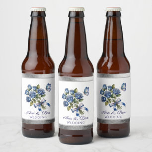 Elegant Blue Roses and Butterfly Silver Wedding Beer Bottle Label