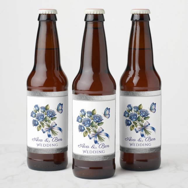Elegant Blue Roses and Butterfly Silver Wedding Beer Bottle Label (Bottles)
