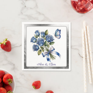 Elegant Blue Roses and Butterfly Silver Wedding Napkin