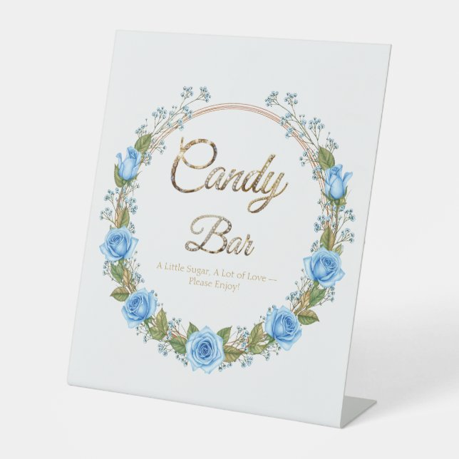 Elegant Blue Roses & Baby’s Breath Candy Bar Pedestal Sign (Front)