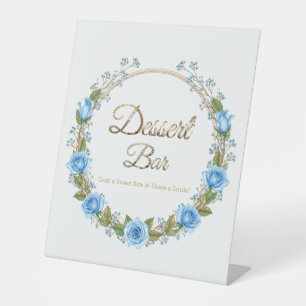 Elegant Blue Roses & Baby’s Breath Dessert Bar Pedestal Sign