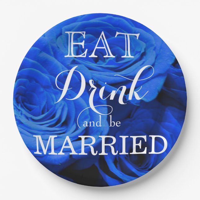 Elegant blue roses blue flowers blue floral paper plate (Front)