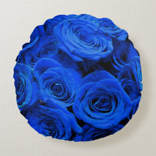 Elegant blue roses blue flowers blue floral round cushion