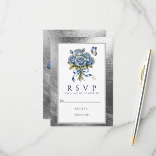 Elegant Blue Roses Butterfly Silver Wedding RSVP Card
