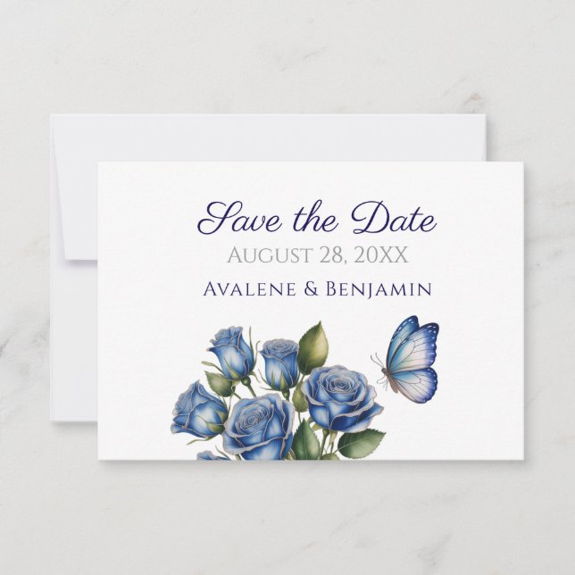 Elegant Blue Roses Butterfly Silver Wedding Save The Date (Front)