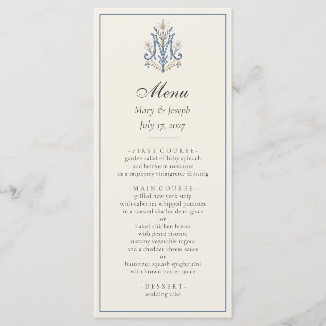 Elegant Blue Roses Catholic Wedding Menu | Marian  (Front)