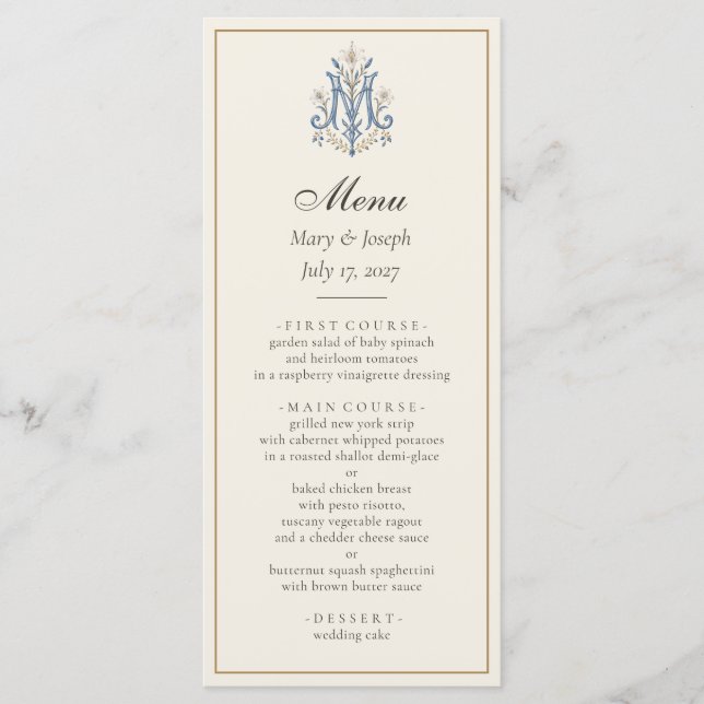 Elegant Blue Roses Catholic Wedding Menu | Marian  (Front)