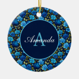 Elegant Blue Roses Floral Pattern Monogramed Photo Ceramic Tree Decoration
