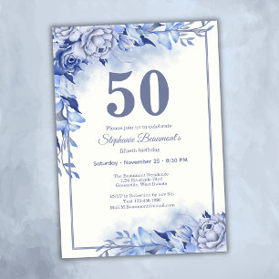 Elegant Blue Roses Floral Women's 50th Birthday Invitation