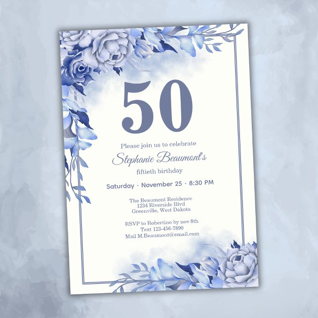 Elegant Blue Roses Floral Women's 50th Birthday  Invitation (Creator Uploaded)