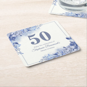 Elegant Blue Roses Floral Women's 50th Birthday  Square Paper Coaster